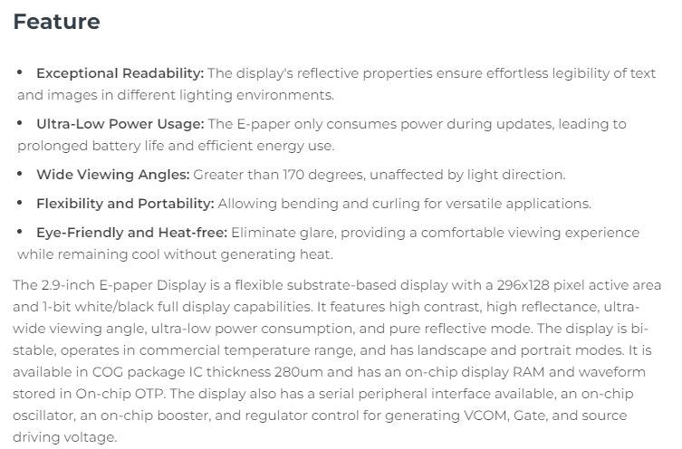 Display Epaper 2.9 - 104990852 Pantalla flexible monocromática de tinta